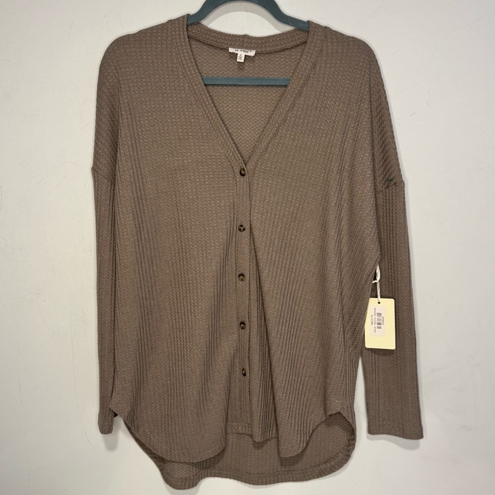 La Miel Waffle Knit Button-Down Thermal Top – Taupe, Size M